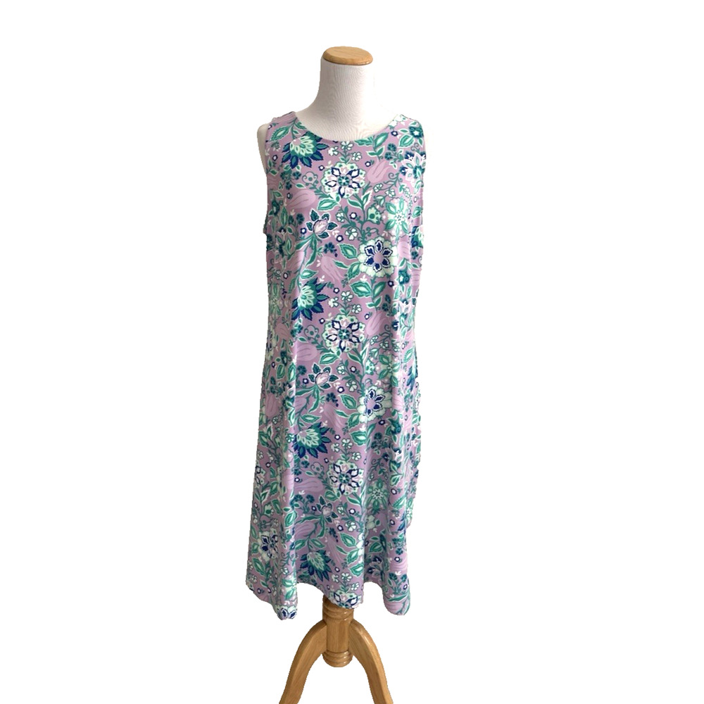 Talbots Sleeveless Dress L Effortless Jersey Shift Purple Teal Floral Stretch